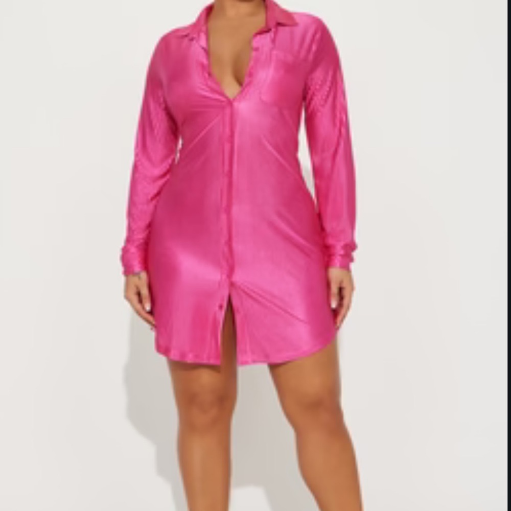 Fashion Nova Pink Satin Shirt Dress